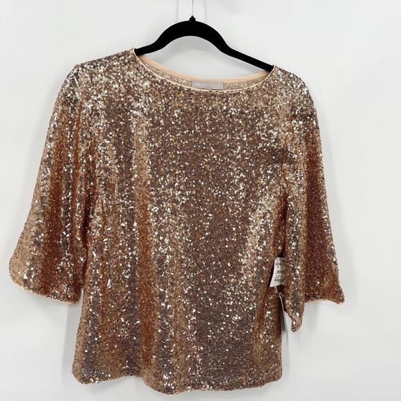 CHELSEA28 Sequin Crewneck Short Sleeve Top In Beige- Silver‎ Sequin NWT Size XS - Picture 2 of 8